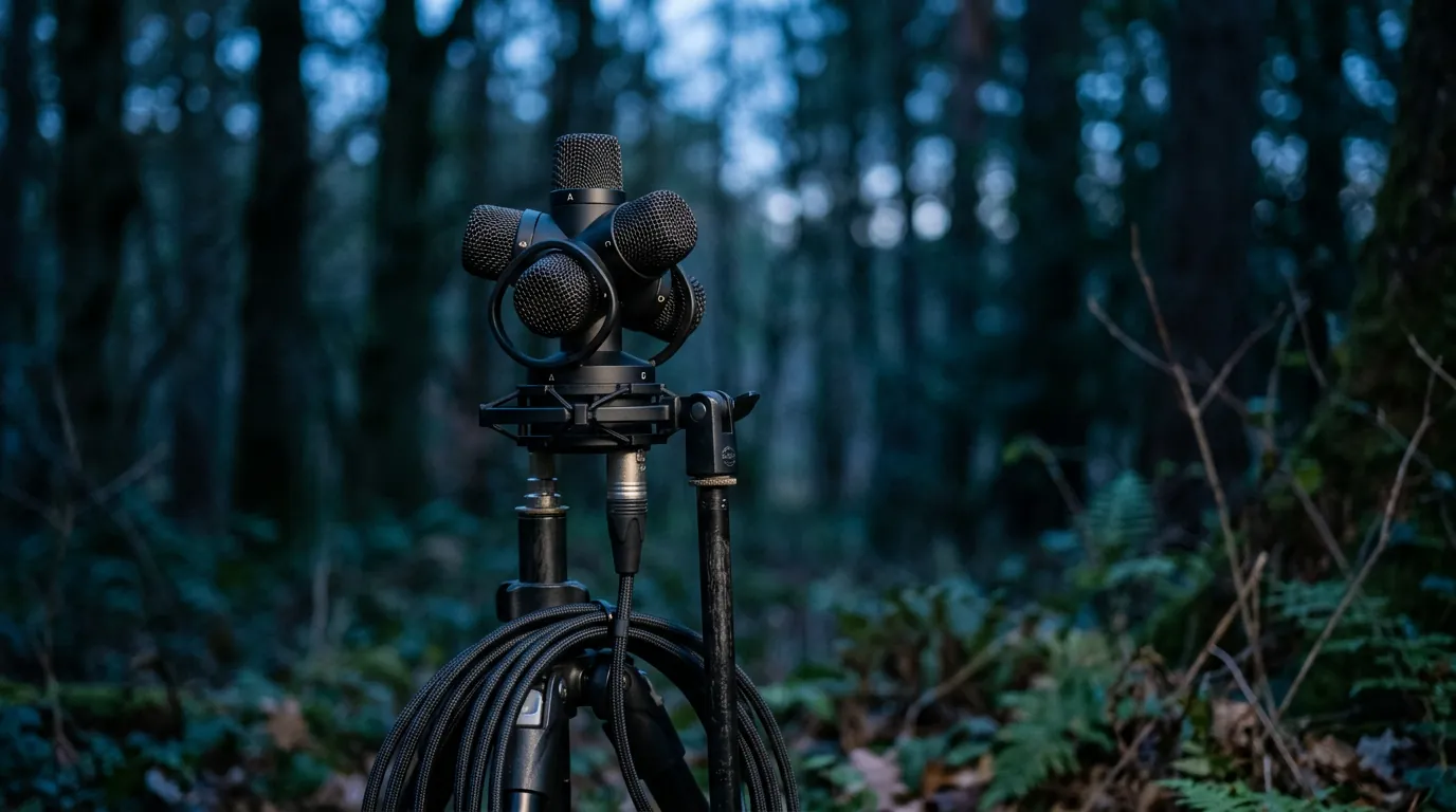 A tetrahedral ambisonic microphone with four capsules mounted outdoors in a forest
