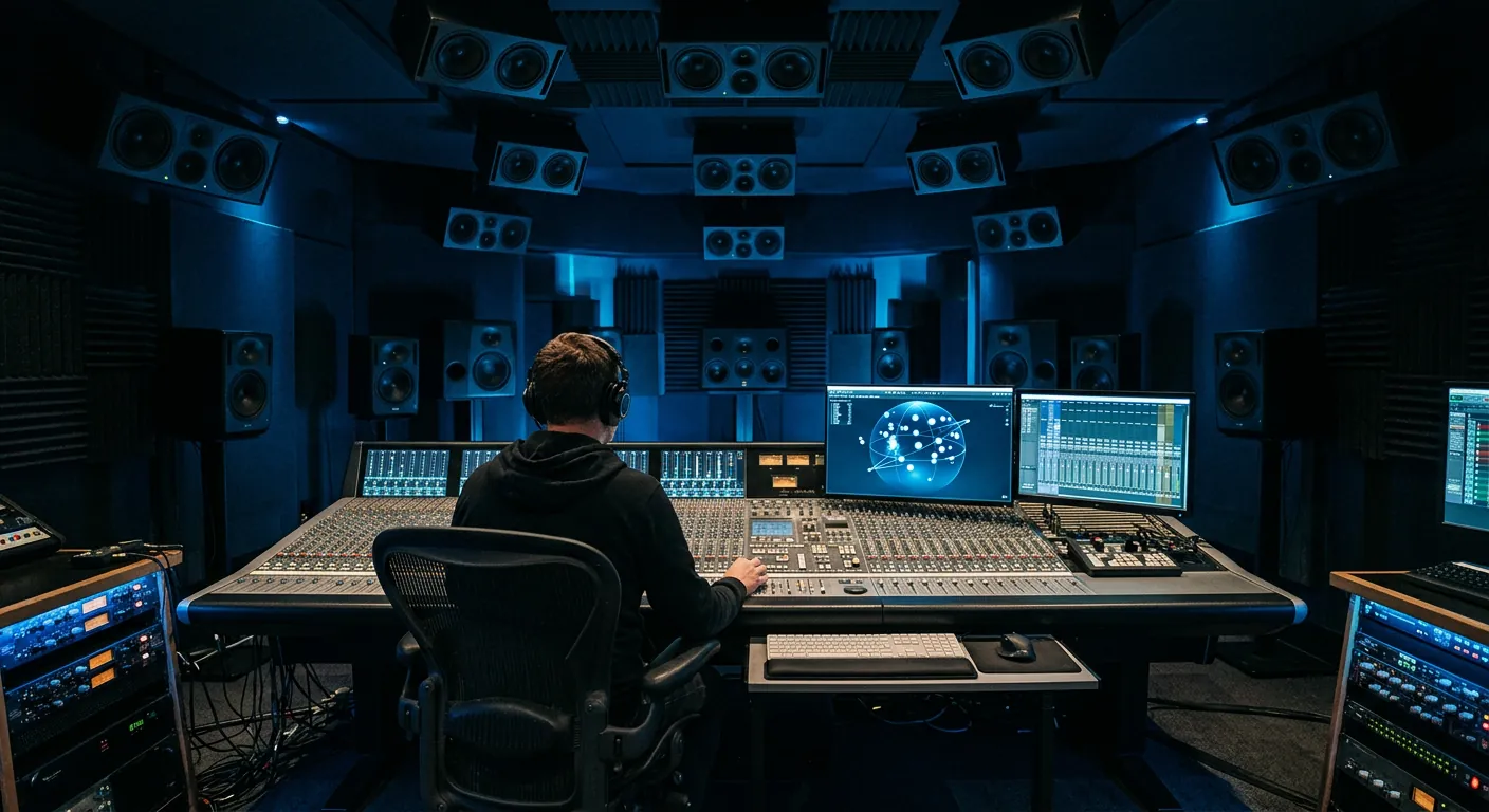 Audio engineer at a mixing desk in an immersive studio with speakers on the walls and ceiling (stereo compared with immersive sound)