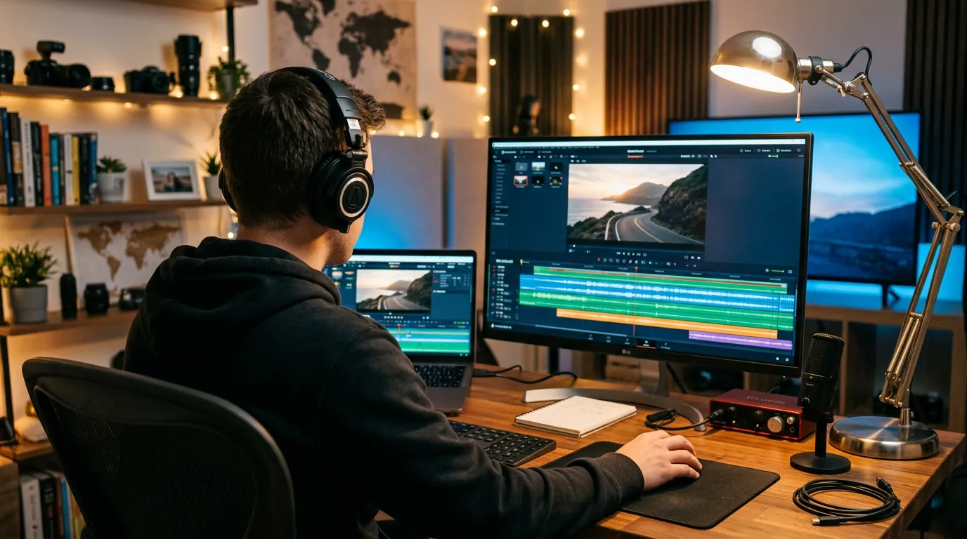 A video creator wearing headphones editing a travel video with several colourful audio tracks on screen