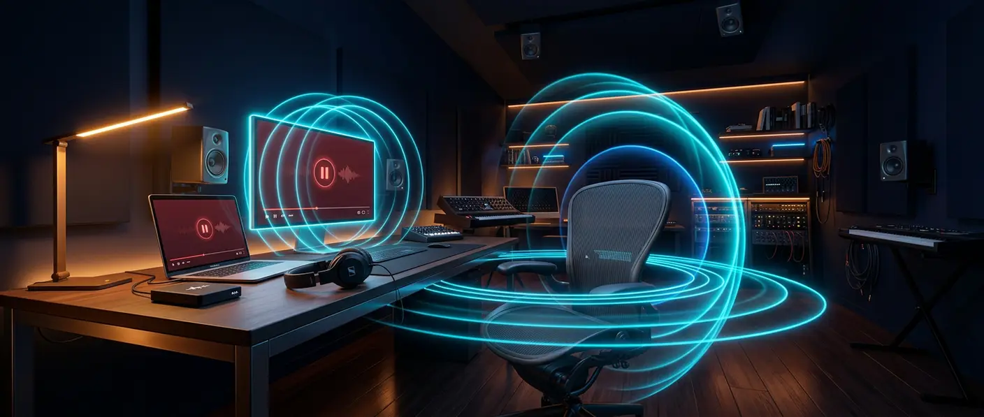 A home studio at night with a monitor showing a video player and glowing sound rings filling the room