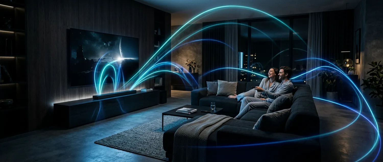 Family watching a video on a TV with immersive sound in a living room