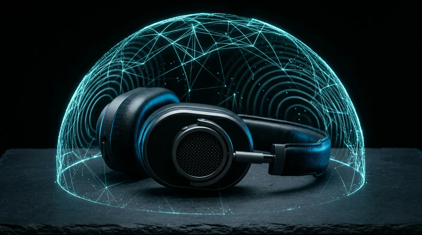 Person wearing headphones with sound waves visualised around their head in three dimensions