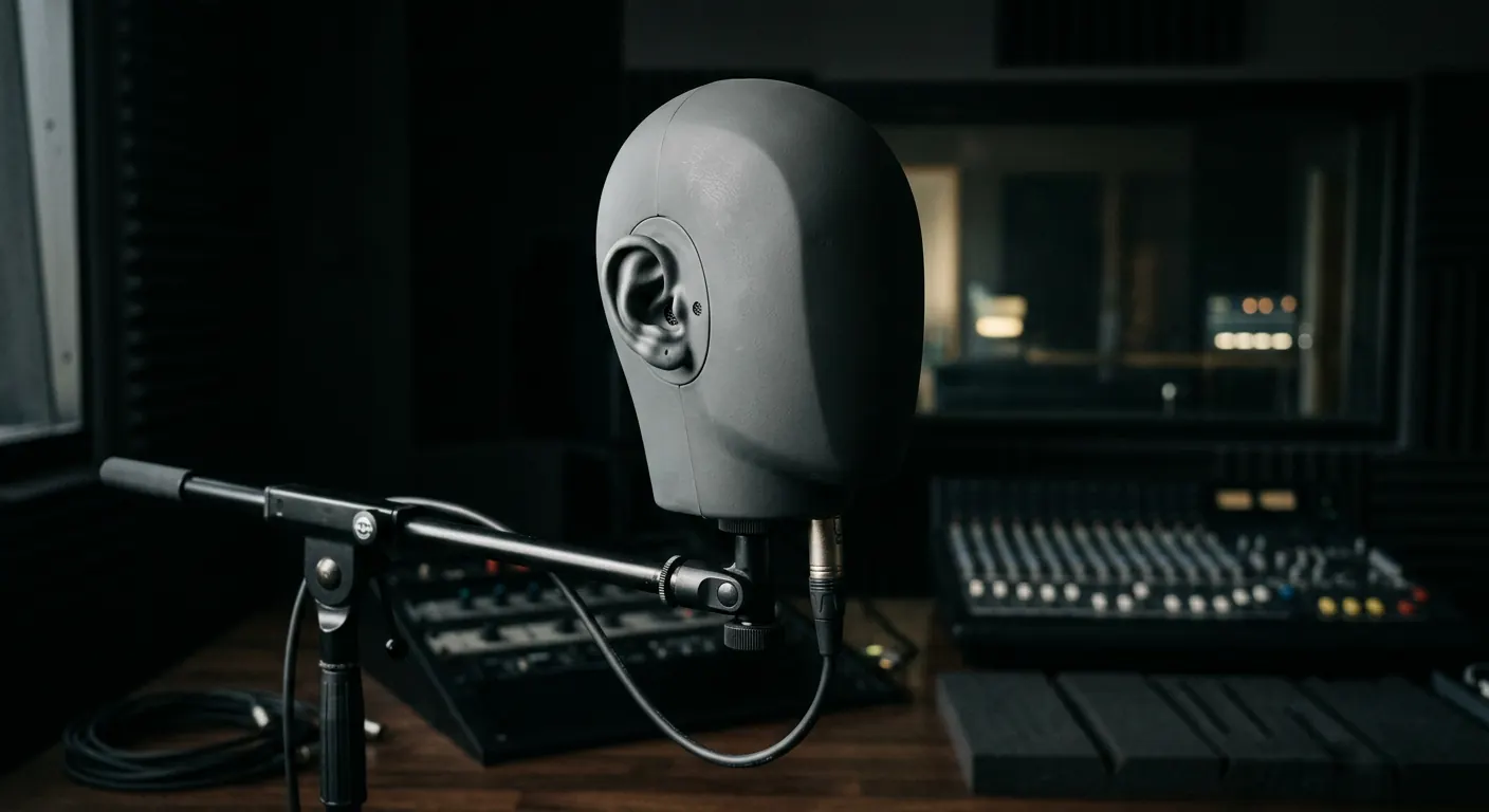 A grey binaural dummy head microphone with realistic ears on a stand in a recording studio