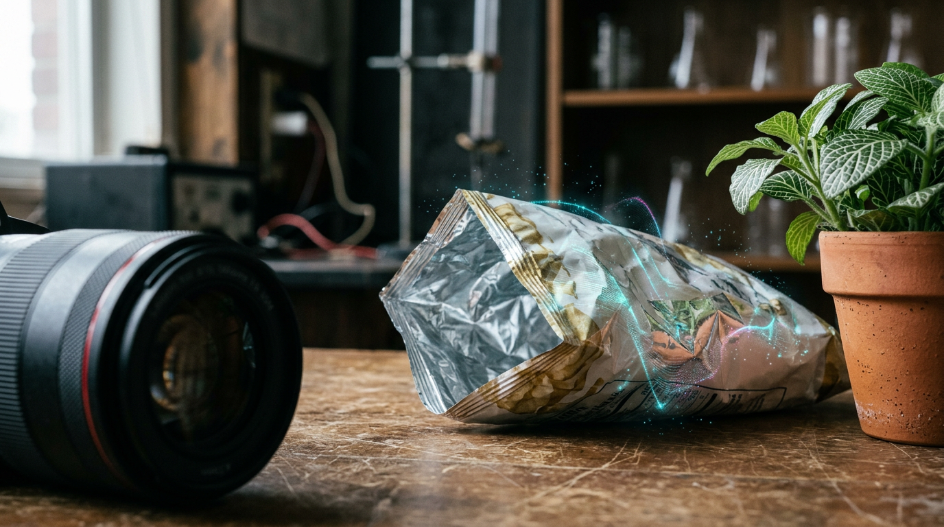 A crisp packet on a table filmed by a high-speed camera, with faint sound waves radiating from a nearby speaker