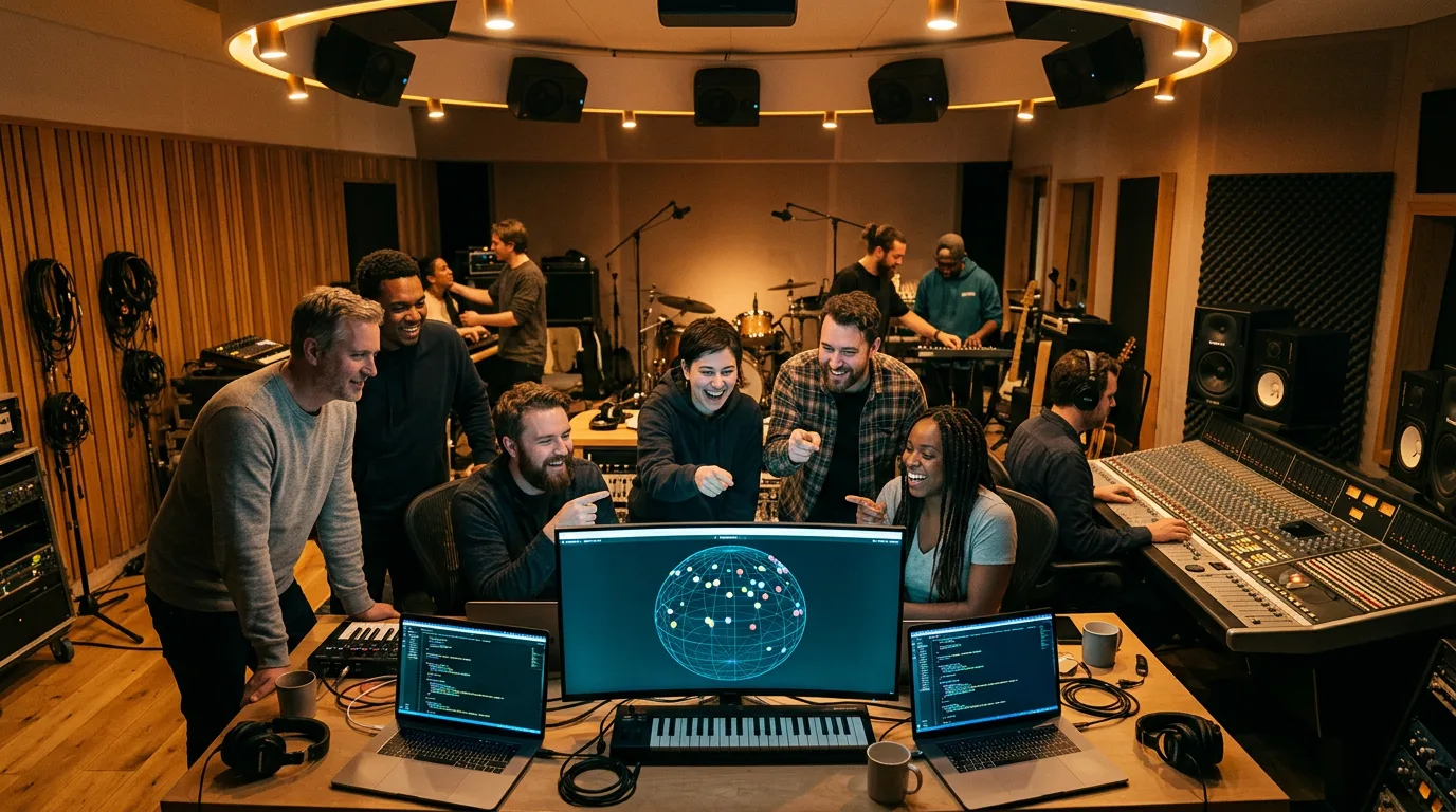 Musicians, audio engineers and software developers laughing together around a screen showing 3D audio object positions in a studio ringed with speakers