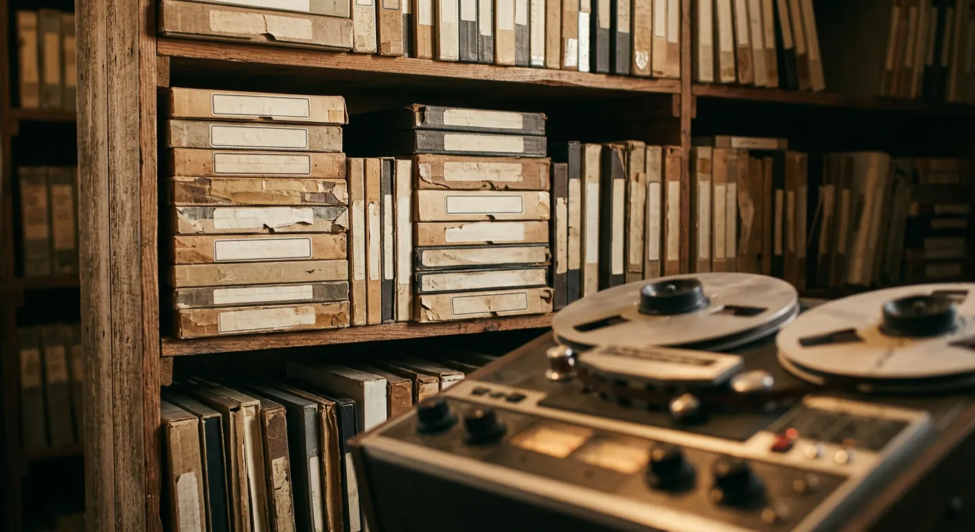 Shelves of vintage reel-to-reel master tape boxes with an old tape machine in the foreground