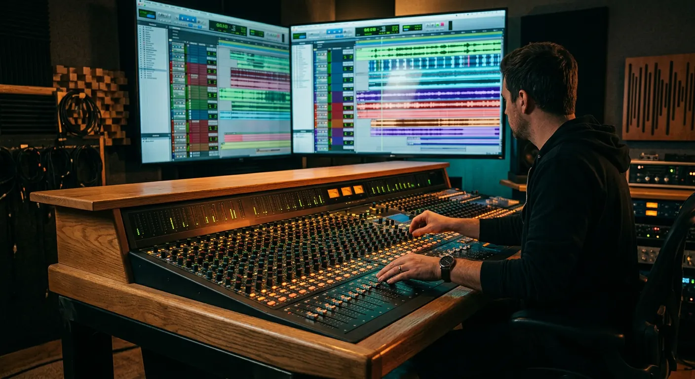 Mixing engineer at a large console with a multitrack session of colourful waveforms on the screens