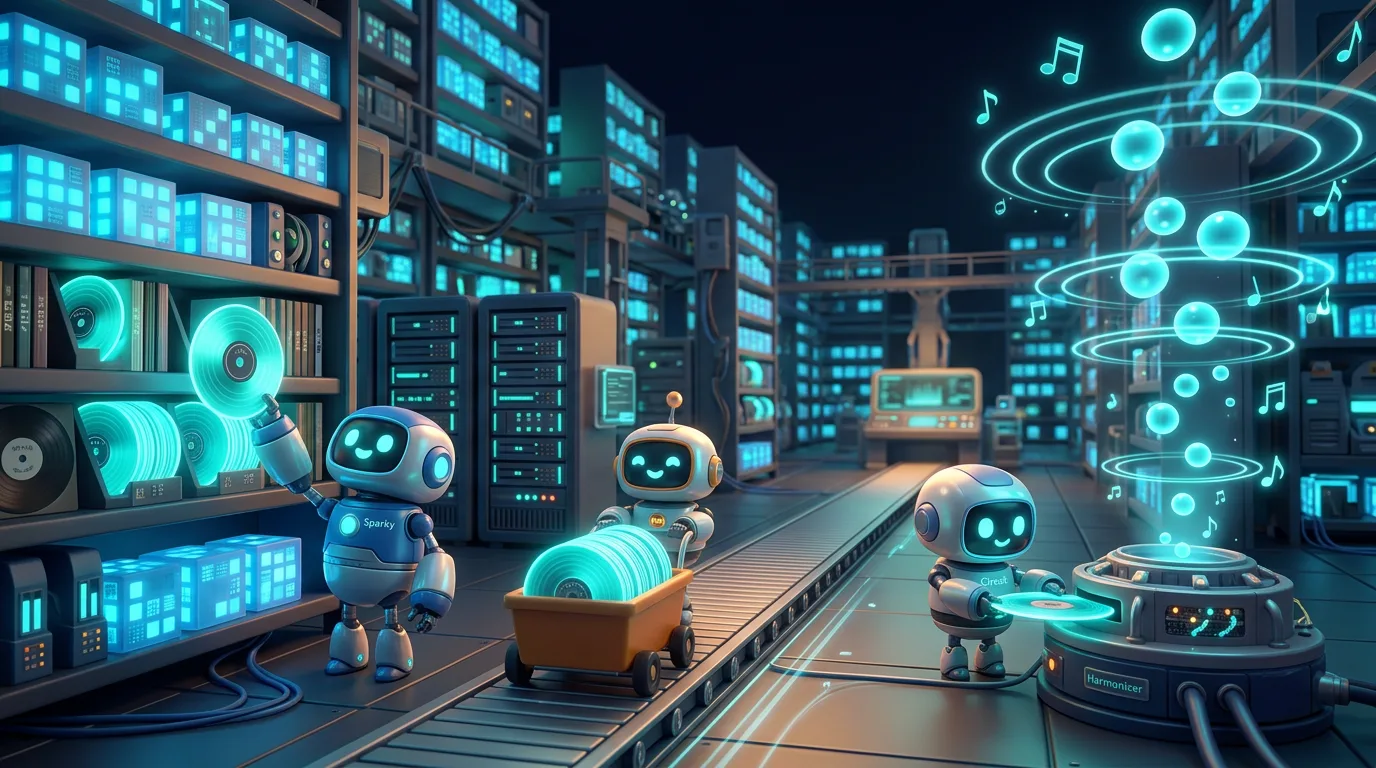 Three cheerful cartoon robots in a glowing data warehouse: one pulls a glowing record from a shelf, one pushes a cart of records along a conveyor, and one feeds them into a machine that releases floating spheres of cyan sound