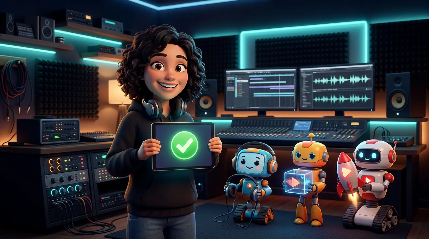 A smiling music producer holding a tablet with a large green check mark while three small robots wait politely beside a glowing upload button