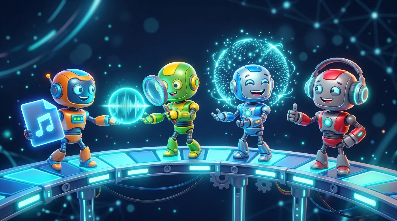 Four cheerful cartoon robots in a relay, passing a glowing cyan sound orb from hand to hand across a dark studio floor