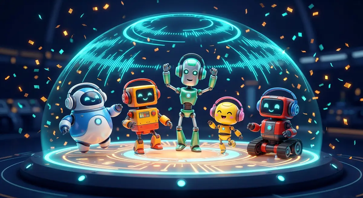Five small cartoon robots in headphones dancing on a glowing stage under a dome of cyan sound waves