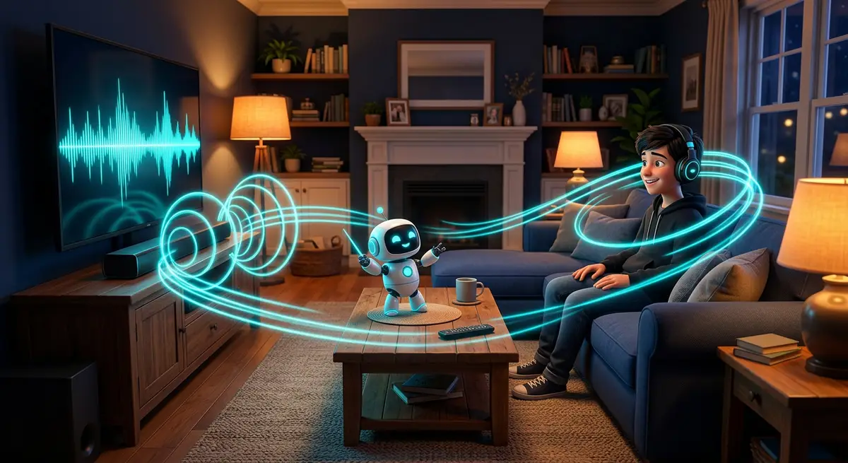 A tiny robot conducting glowing 3D sound waves from a TV and soundbar around a living room couch where a smiling teenager wears headphones