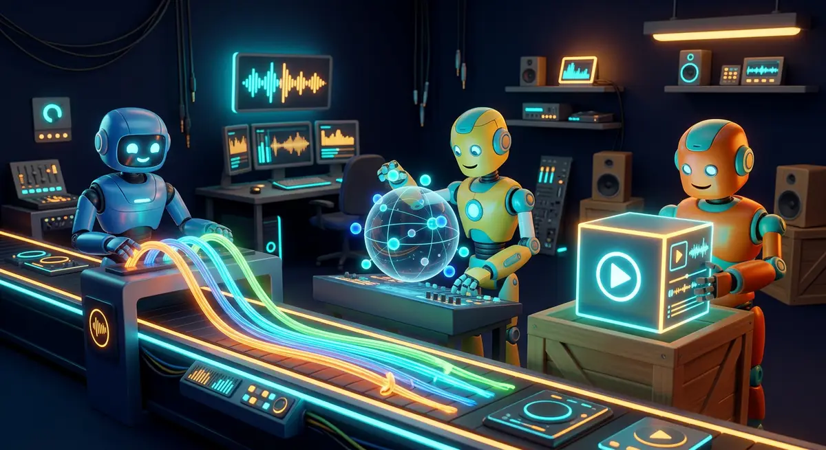 Three cartoon robots on a studio production line: one pulling apart glowing coloured audio strands, one placing light orbs around a transparent sphere, one packing a glowing video box