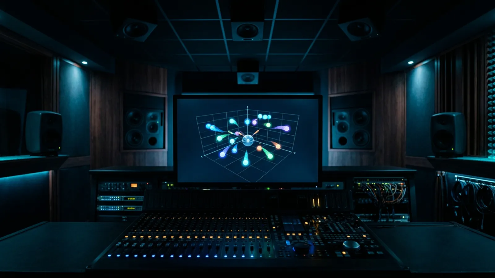 Immersive audio mixing studio at night with a 3D object panner on screen and surround and ceiling loudspeakers.