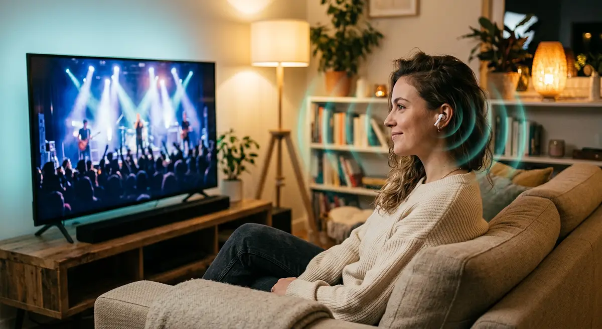 A young woman on a couch wearing wireless earbuds while a concert video plays on a TV with a soundbar, with soft teal sound waves around her